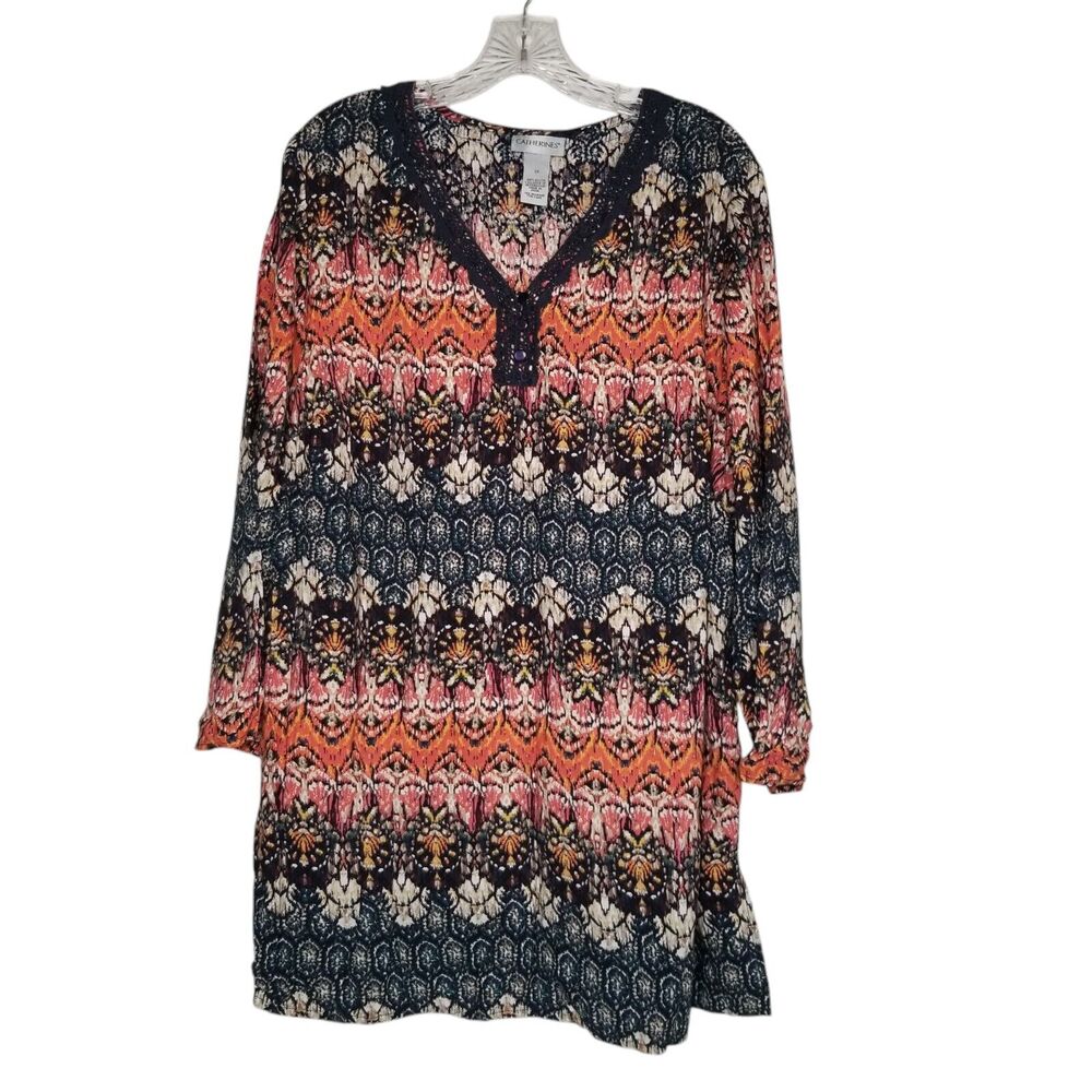 Catherines Plus Size V Neck Tunic Top Womens 2X Navy Blue Pink Boho Flowy Rayon